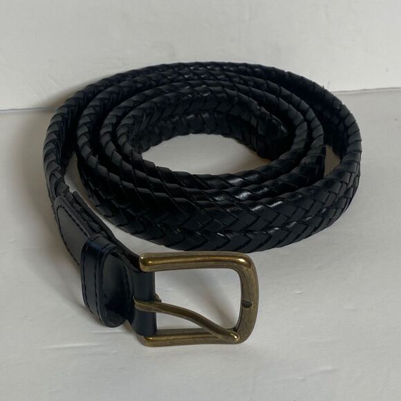 L.L. Bean Black Braided Leather Belt Size 44 Brass Buckle Made in USA - Picture 1 of 9